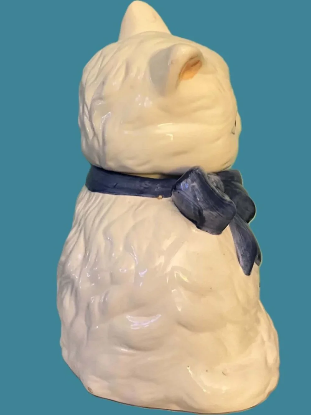 Vintage Ceramic White Cat Cookie Jar & Salt Pepper Shakers Blue Bow 3 Pc Set